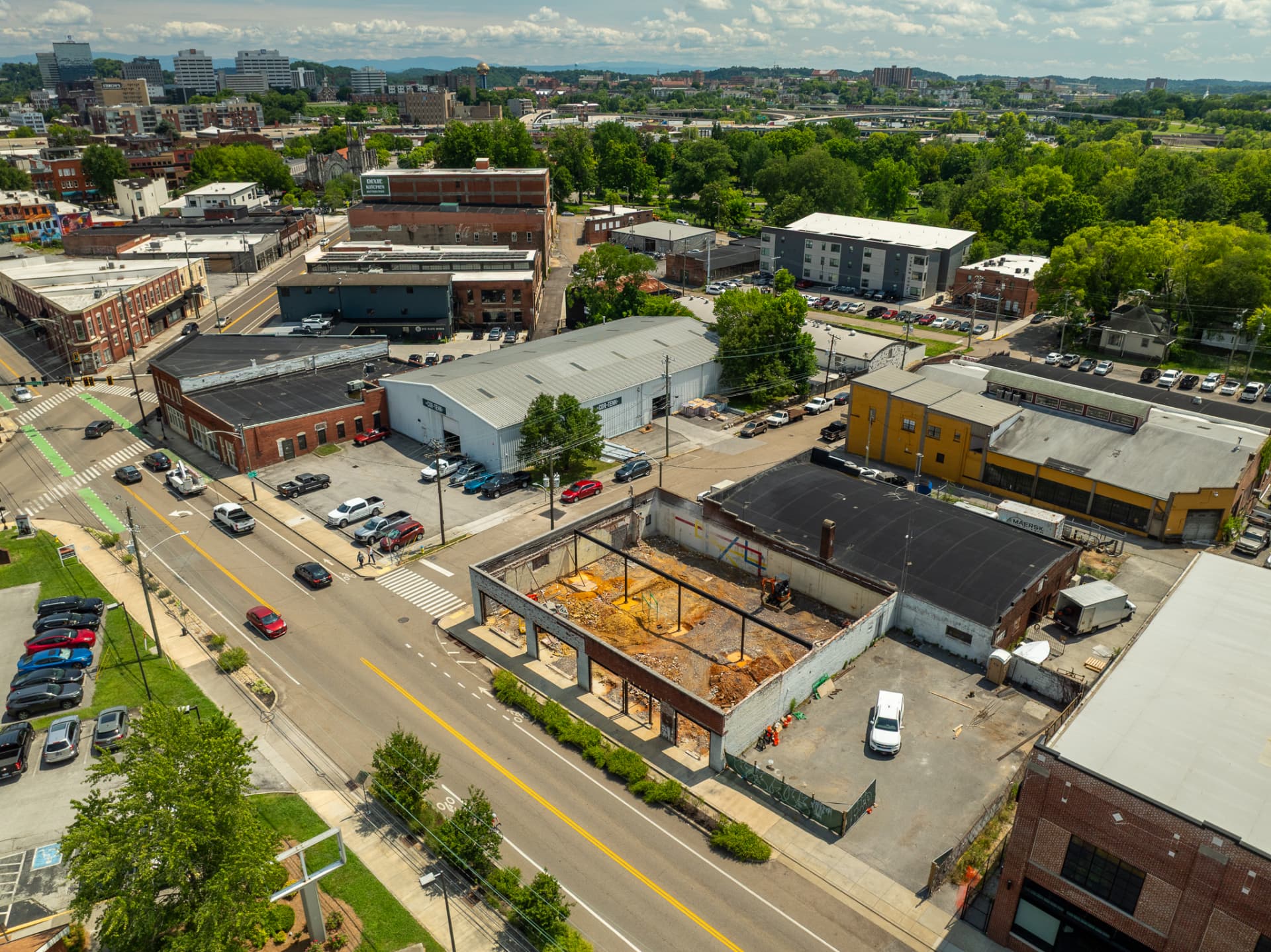 Aerial construction progress photography of a downtown Knoxville commercial renovation