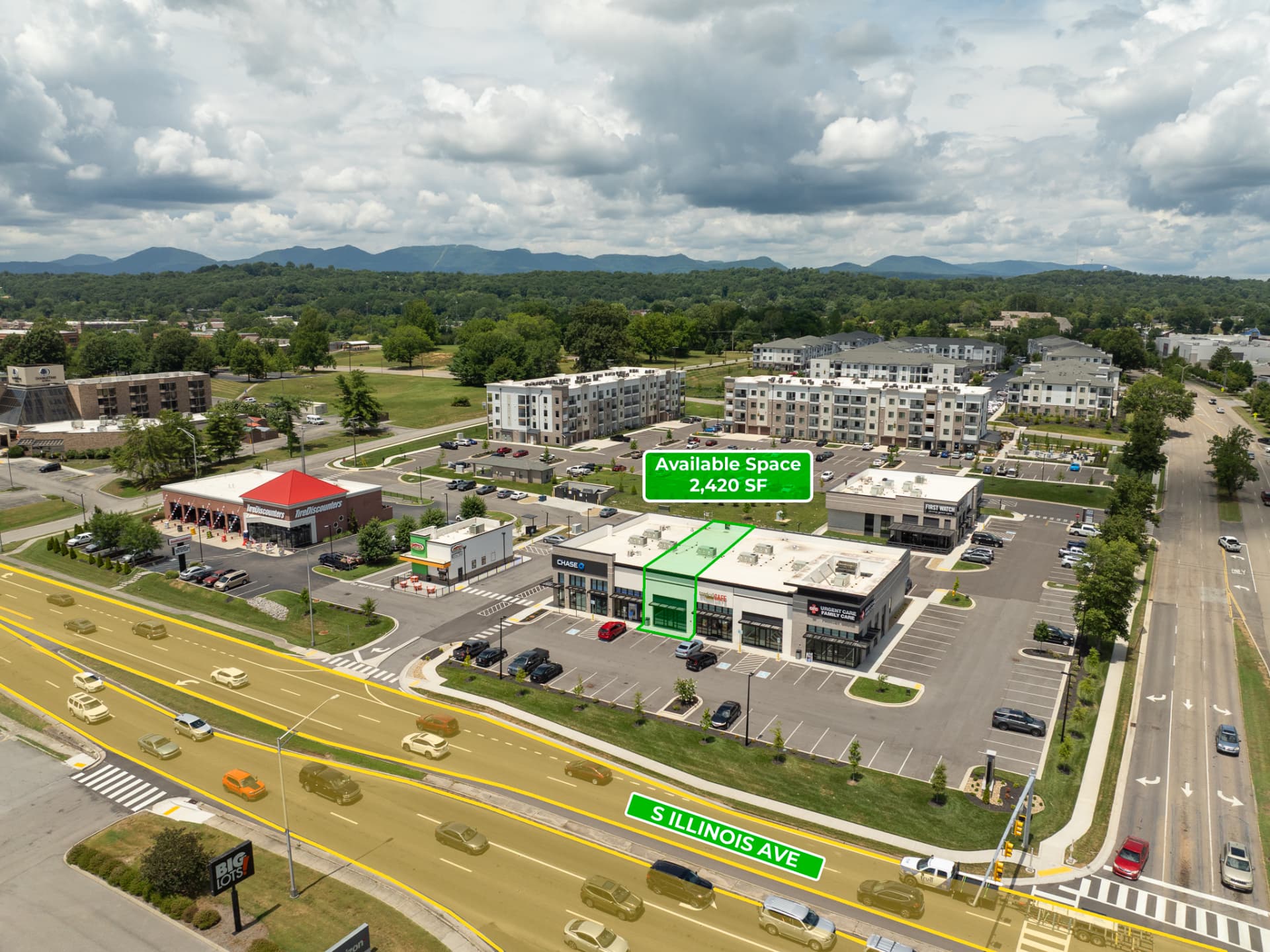 Commercial real estate aerial with available retail space highlighted on South Illinois Avenue