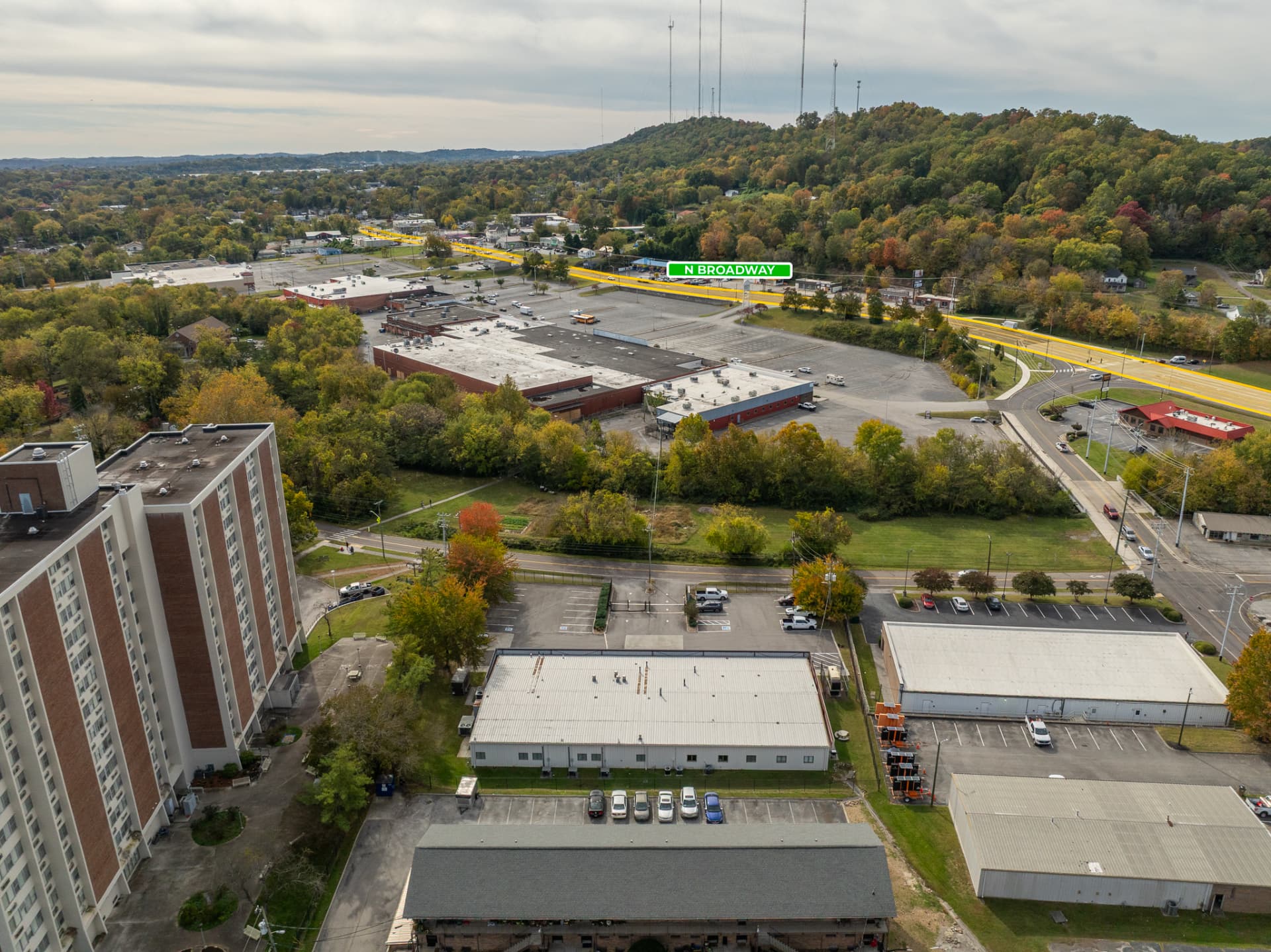 Drone photography showing a North Broadway commercial property and surrounding area