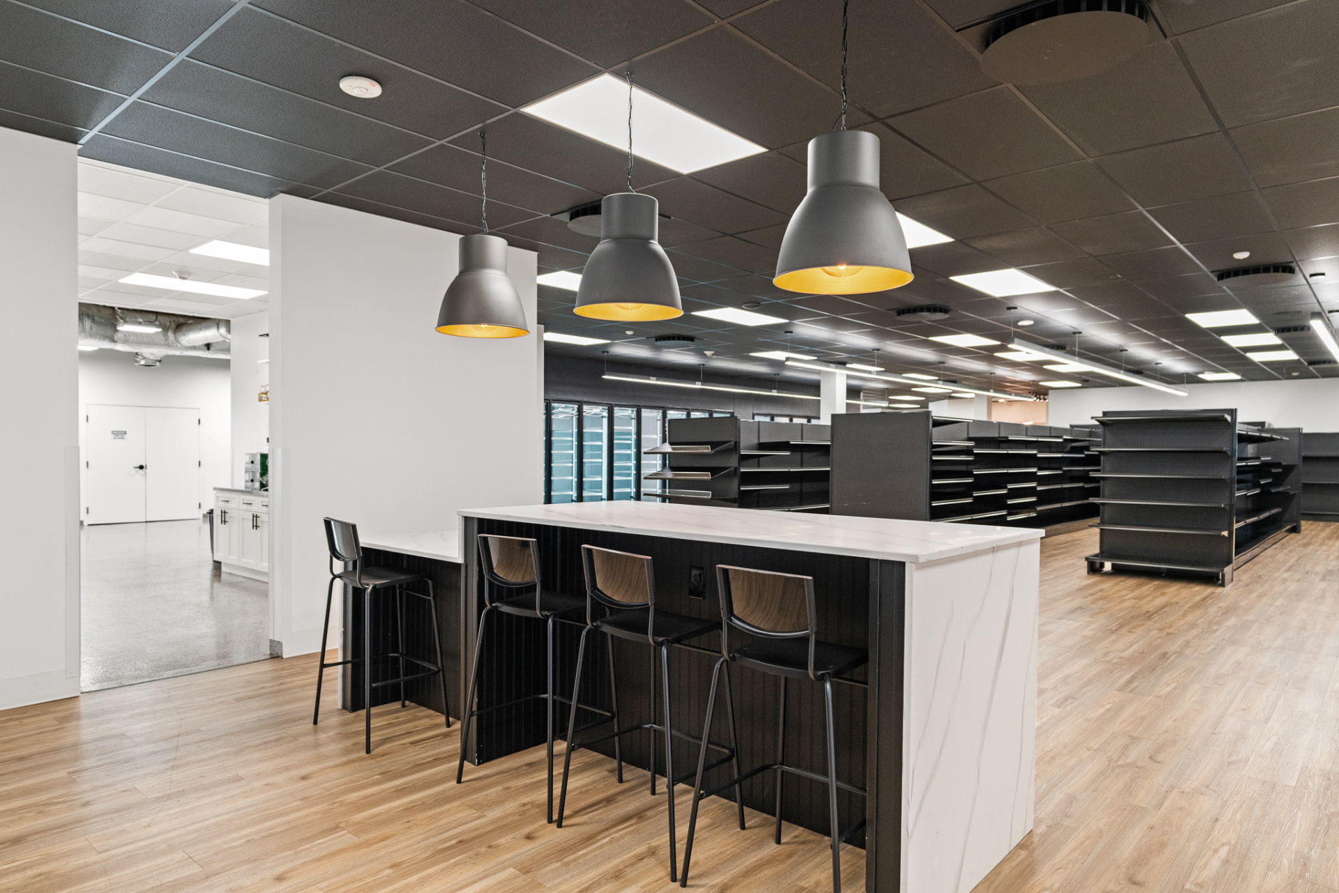 Commercial retail interior with service counter and custom pendant lighting